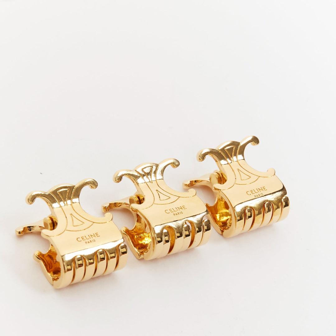 CELINE Triomphe Trios gold tone metal logo insignia hair claws clips Set of 3