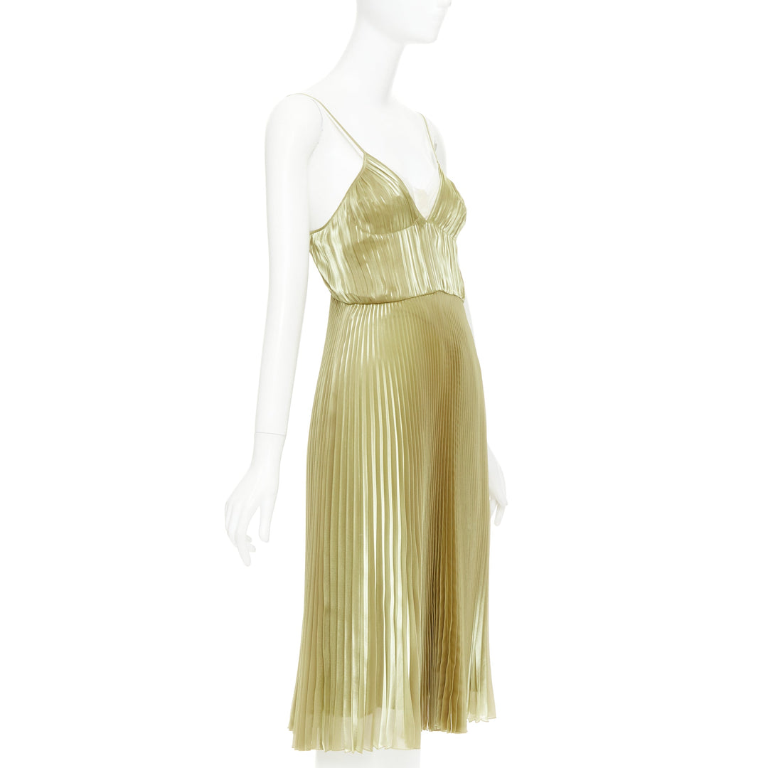 PRADA 2022 gold technical voile bra-detailed pleated silk midi dress IT38 XS