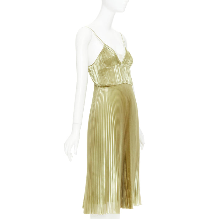 PRADA 2022 gold technical voile bra-detailed pleated silk midi dress IT38 XS