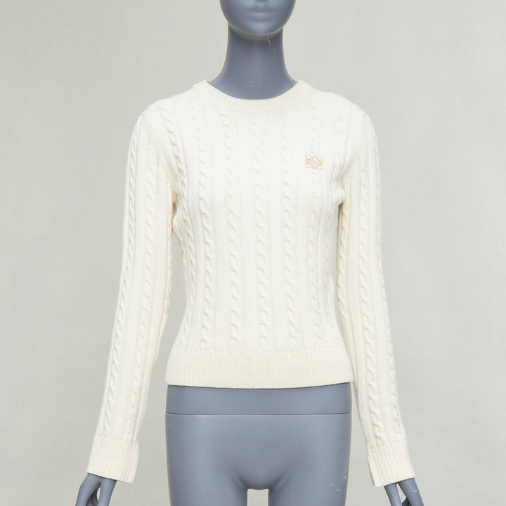 LOEWE ecru wool cotton anagram cable knit cropped sweater XS