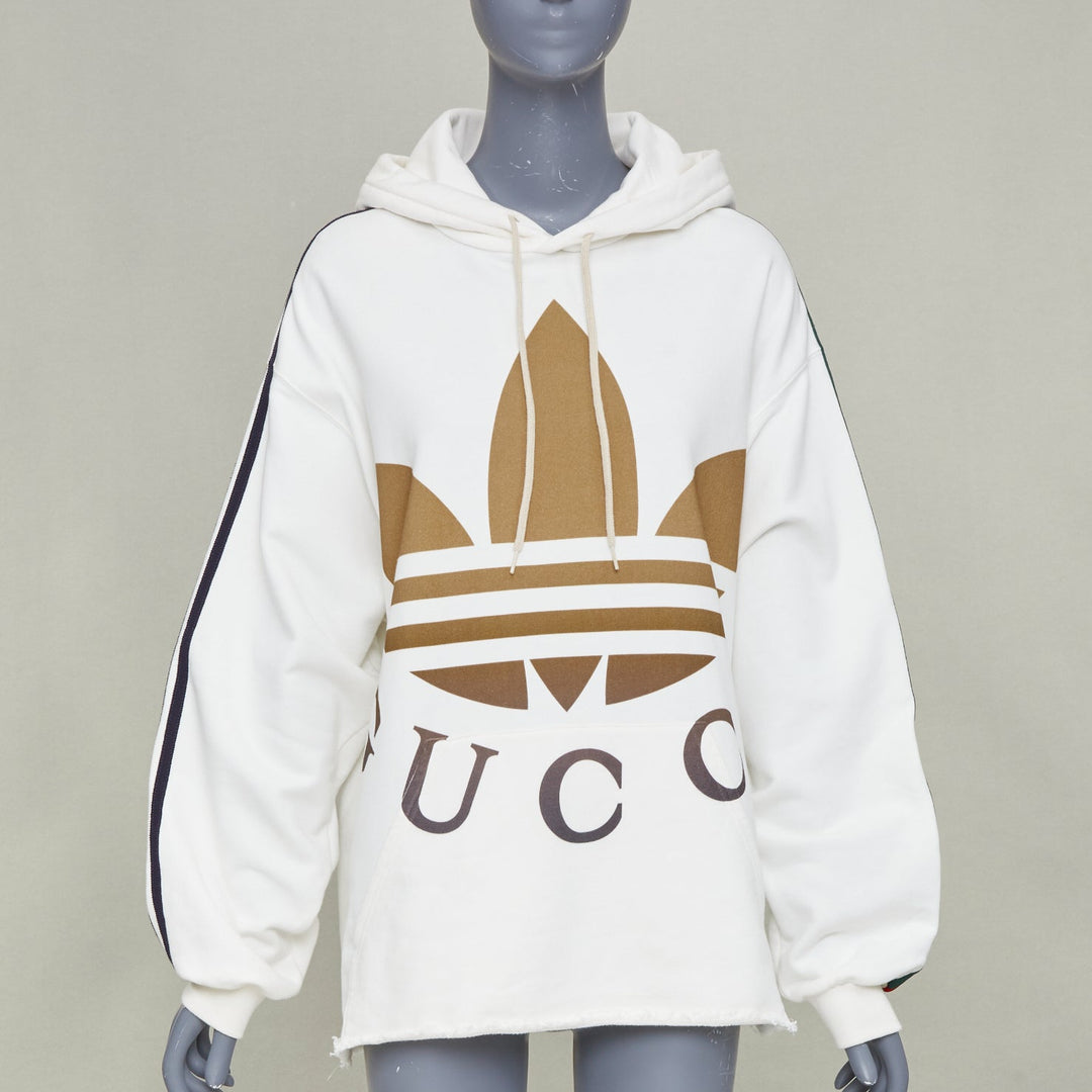 GUCCI 2022 Runway Adidas Trefoil cropped raw hem oversized hoodie sweatshirt S