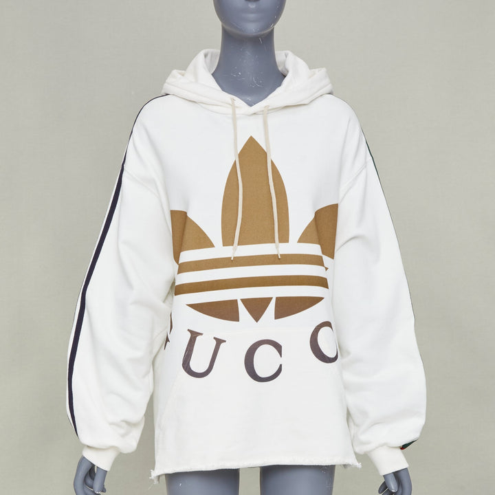 GUCCI 2022 Runway Adidas Trefoil cropped raw hem oversized hoodie sweatshirt S