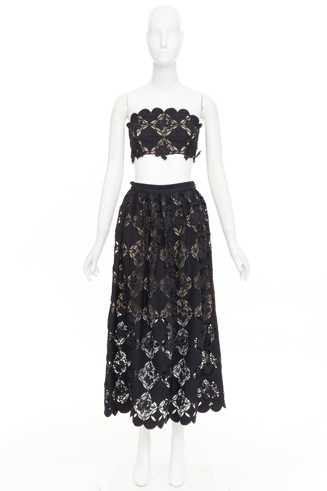 OSCAR DE LA RENTA PS24 black Gardenia Guipure lace top skirt dress set US0 XS