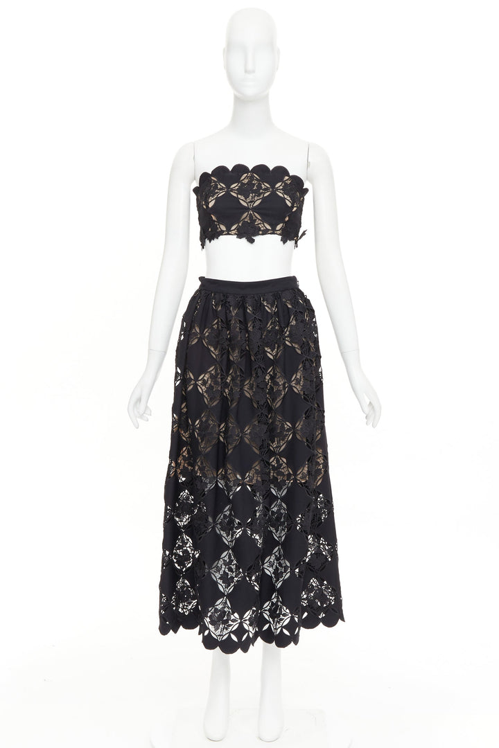 OSCAR DE LA RENTA PS24 black Gardenia Guipure lace top skirt dress set US0 XS