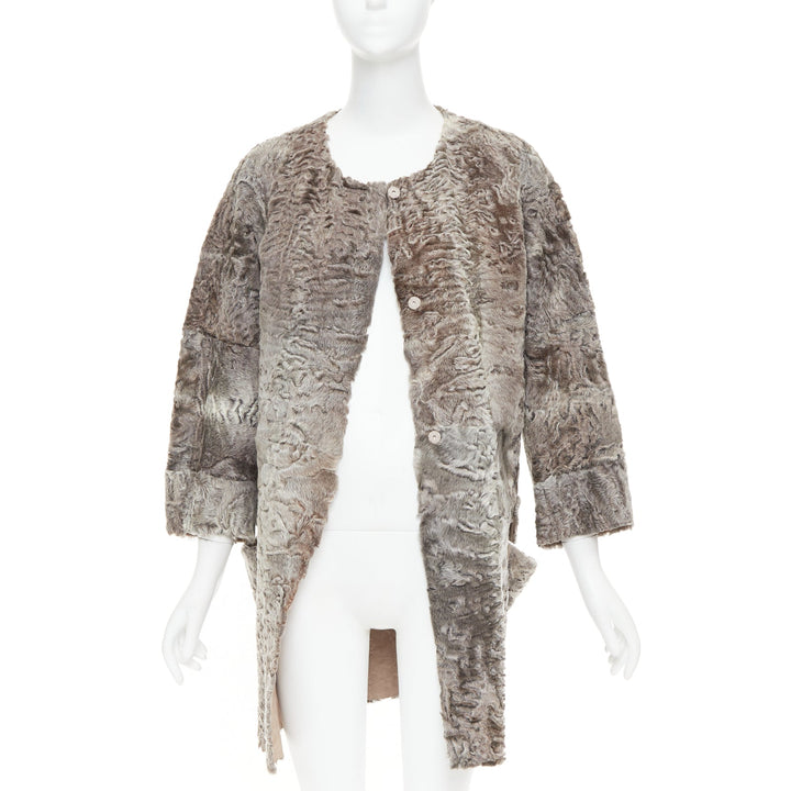 MARNI brown persian lamb astrakan fur cropped sleeve cocoon coat IT40 S