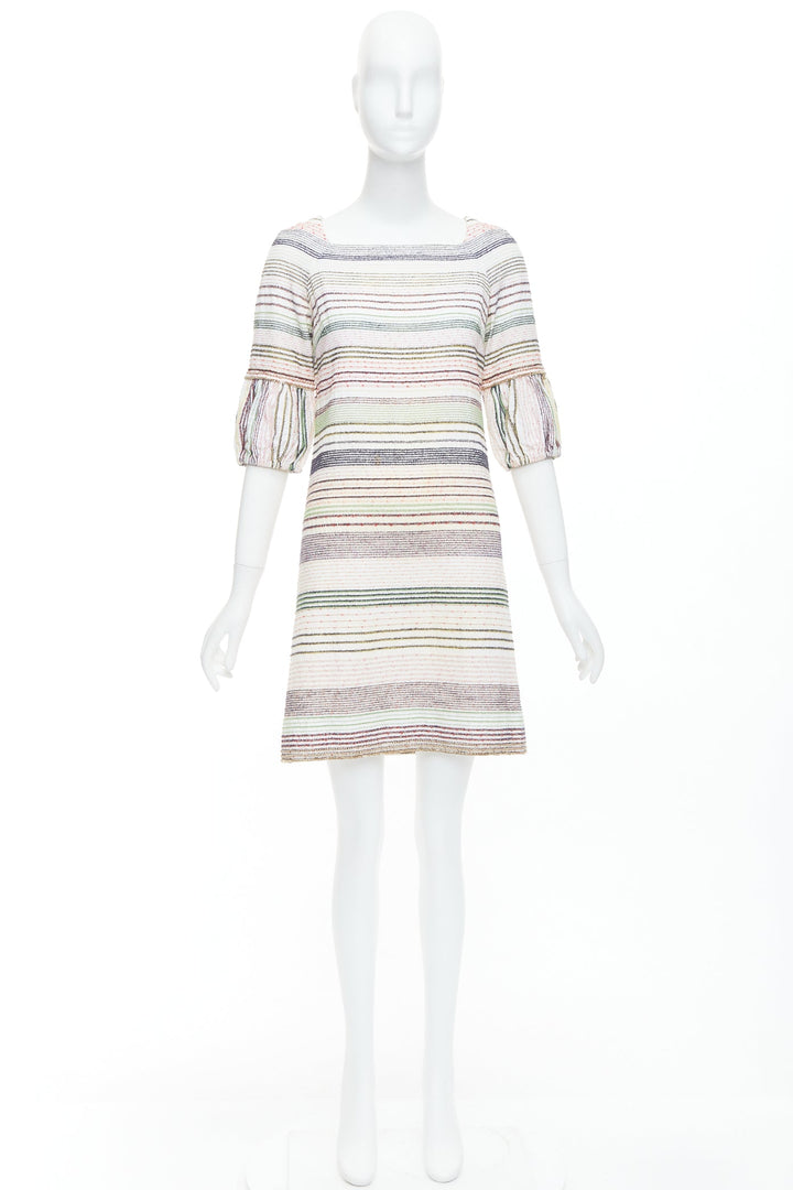 CHANEL 07A Runway white multicolor tweed chain trimmed sleeve dress FR36 S