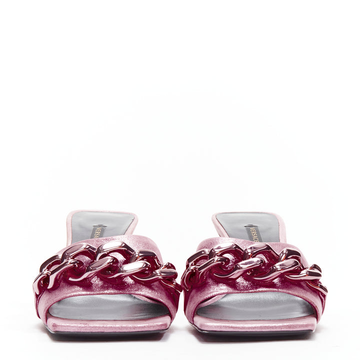 VERSACE Runway pink chunky chain metallic kitten comma heel sandals EU38