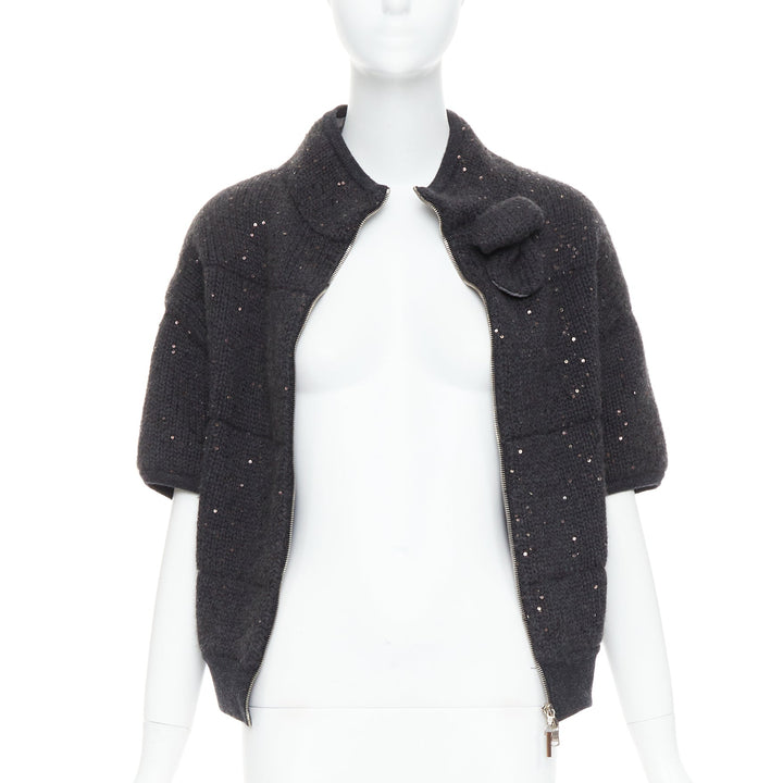 BRUNELLO CUCINELLI Cashmere dark grey sequin padded crop cardigan M