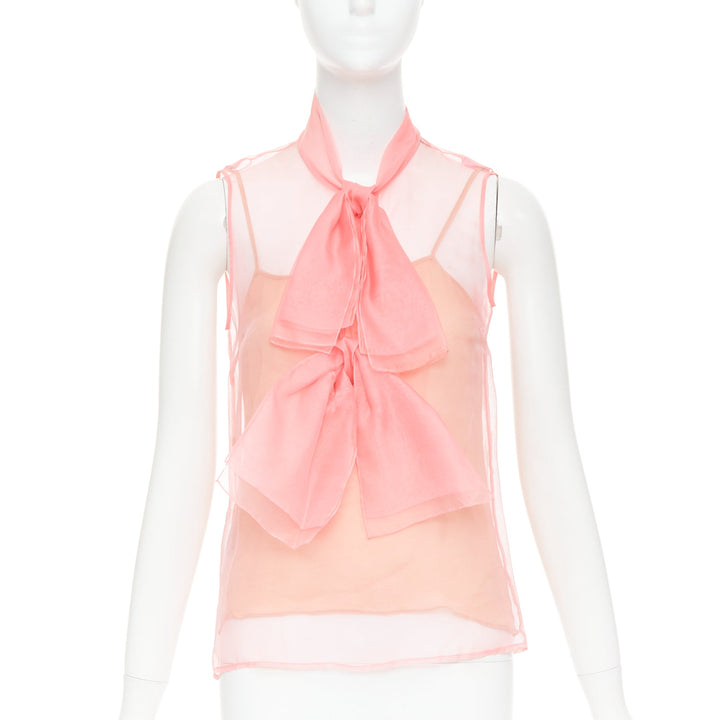 GUCCI 2015 pink silk organza sheer pussybow sleeveless blouse IT38 XS