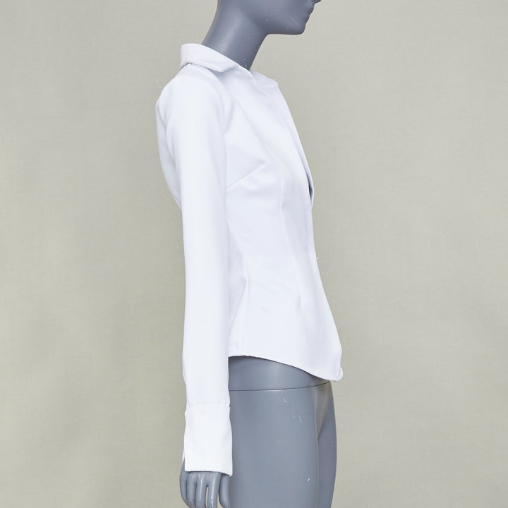 LAQUAN SMITH 2022 white darted crisp plunge neck collar fitted shirt XS