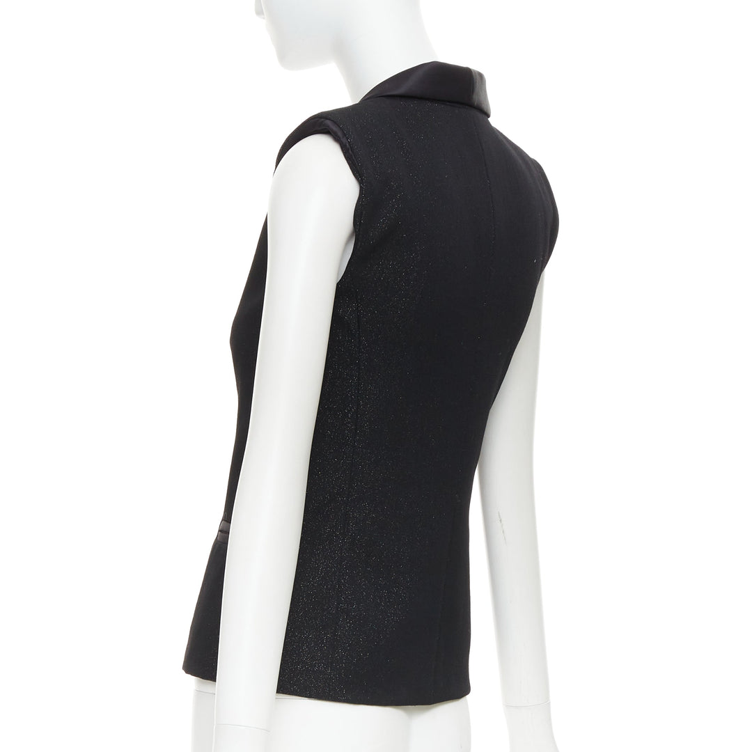 CHANEL black wool lurex pearl crystal button satin shawl collar vest FR36 S