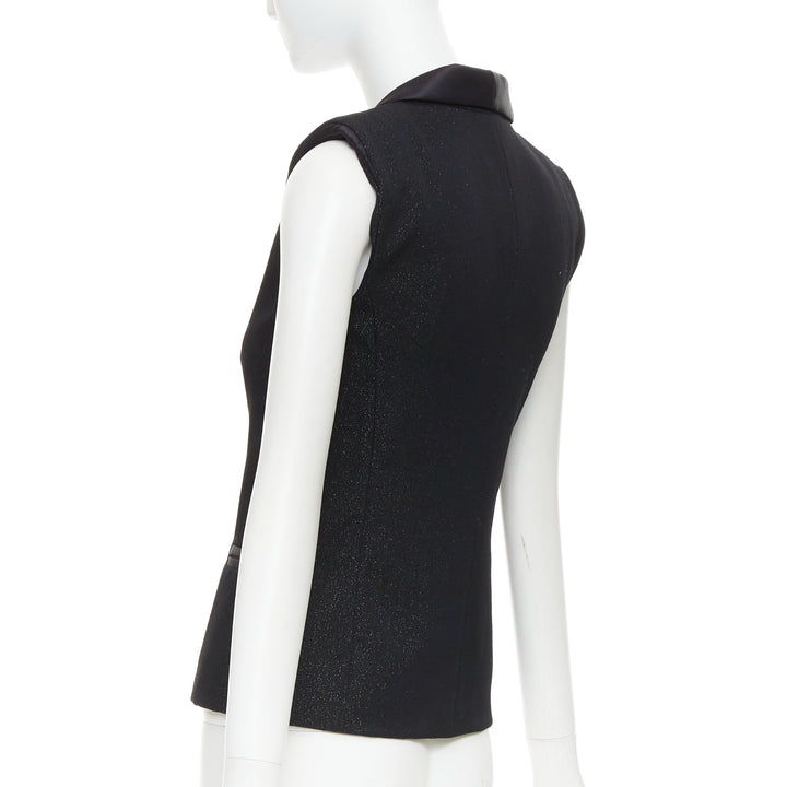 CHANEL black wool lurex pearl crystal button satin shawl collar vest FR36 S