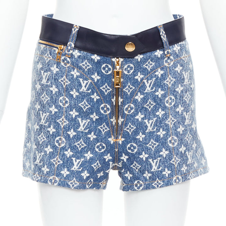 LOUIS VUITTON blue monogram jacquard denim  leather trim zip shorts FR34 XS