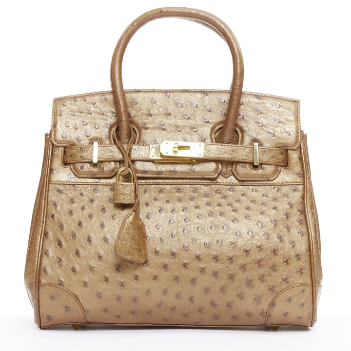 KWANPEN brown ostrich leather gold hardware top handle structured executive bag