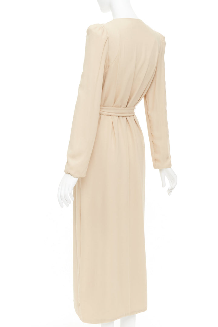 RYAN ROCHE beige double layer silk georgette V neck tie belted coat US4 S