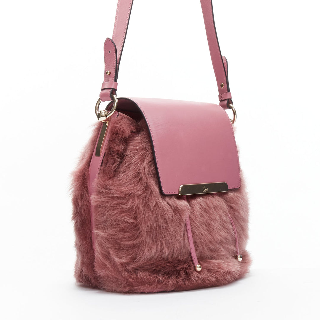 rare CHRISTIAN LOUBOUTIN Luckyl pink lamb fur 2 way shoulder bucket bag backpack