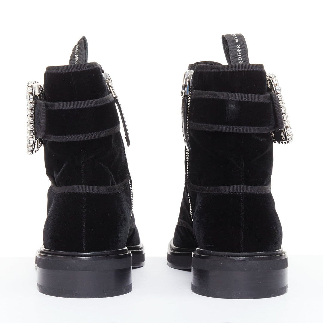 ROGER VIVIER 2020 Viv Rangers black velvet crystal buckle combat boots EU37.5
