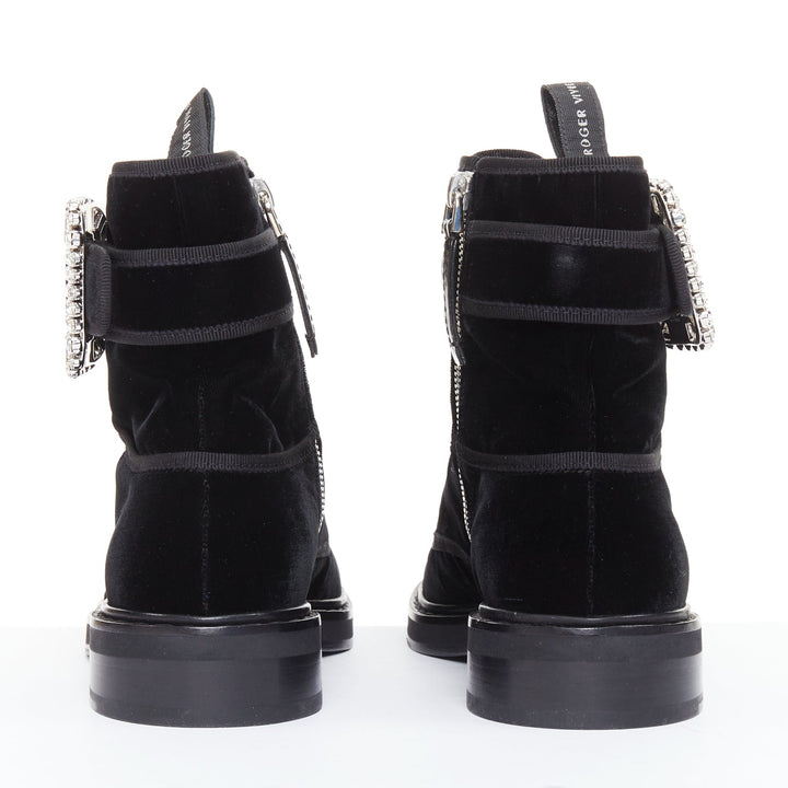 ROGER VIVIER 2020 Viv Rangers black velvet crystal buckle combat boots EU37.5