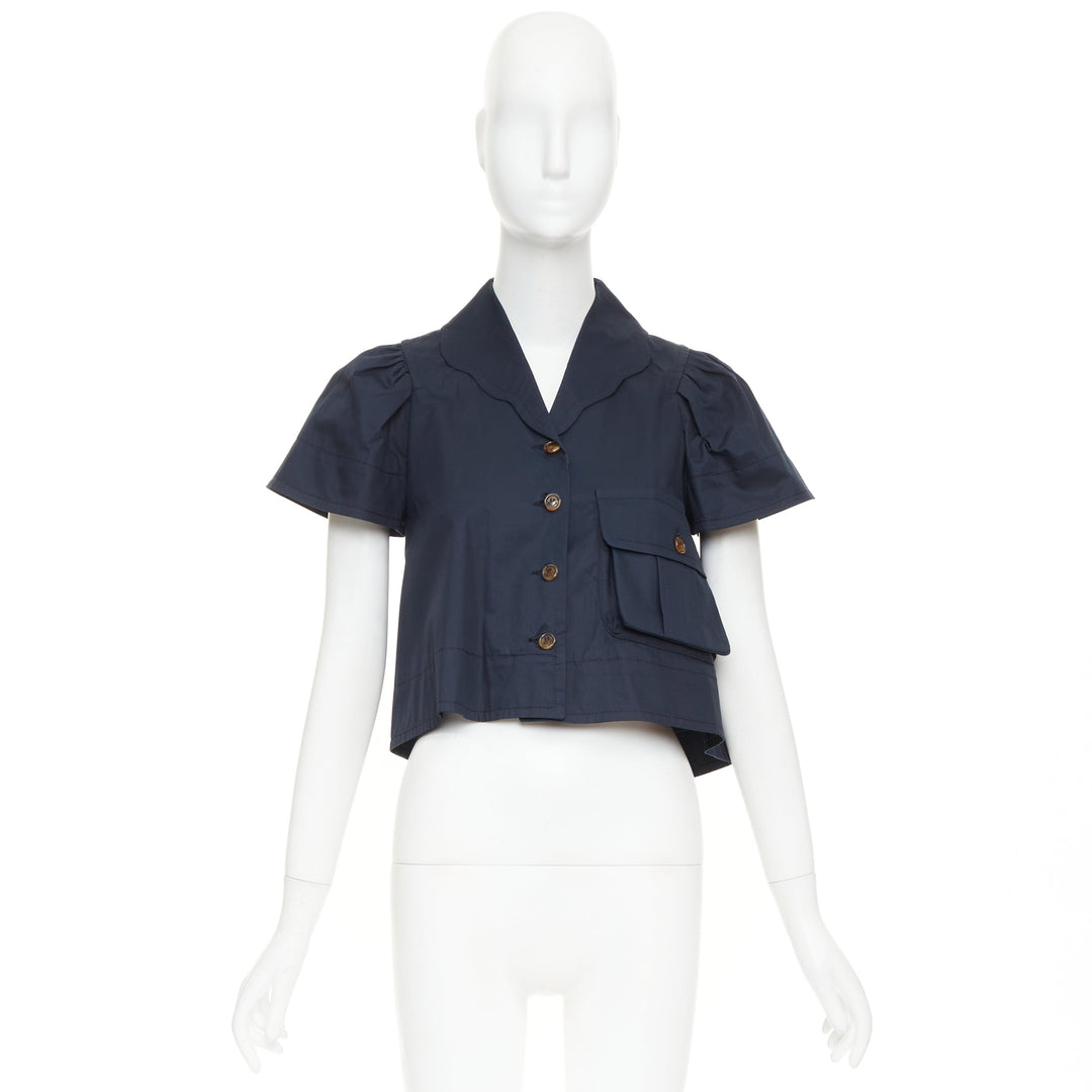 CHARLES ANASTASE 10 CORSO COMO navy smiley button flared crop top shirt FR36 S