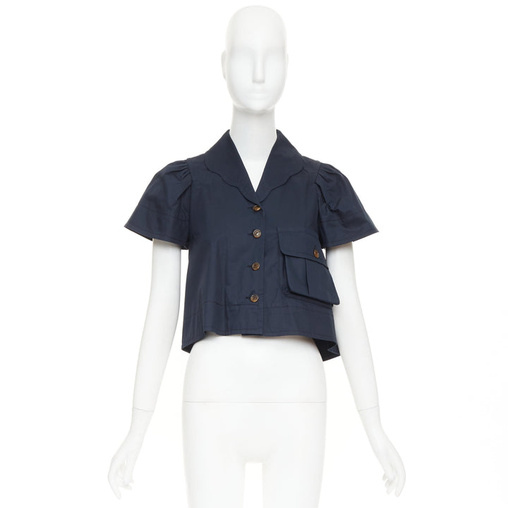 CHARLES ANASTASE 10 CORSO COMO navy smiley button flared crop top shirt FR36 S