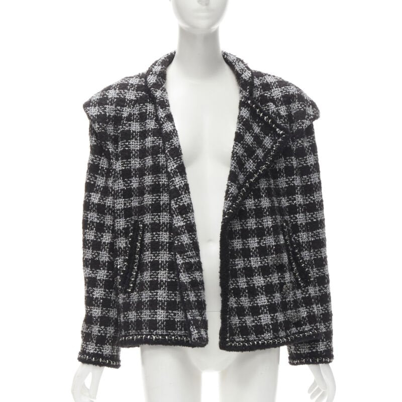 CHANEL 11A Fantasy Tweed black silver checkered asymmetric collar jacket FR44 XL