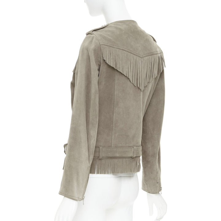 THE KOOPLES taupe cow suede leather western fringe belted biker jacket M