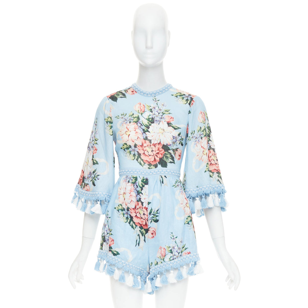 ALICE MCCALL Magic Moment blue linen floral fringed trim playsuit UK6 XS