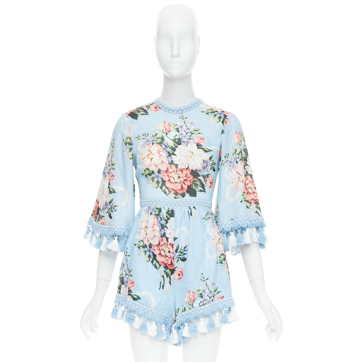ALICE MCCALL Magic Moment blue linen floral fringed trim playsuit UK6 XS