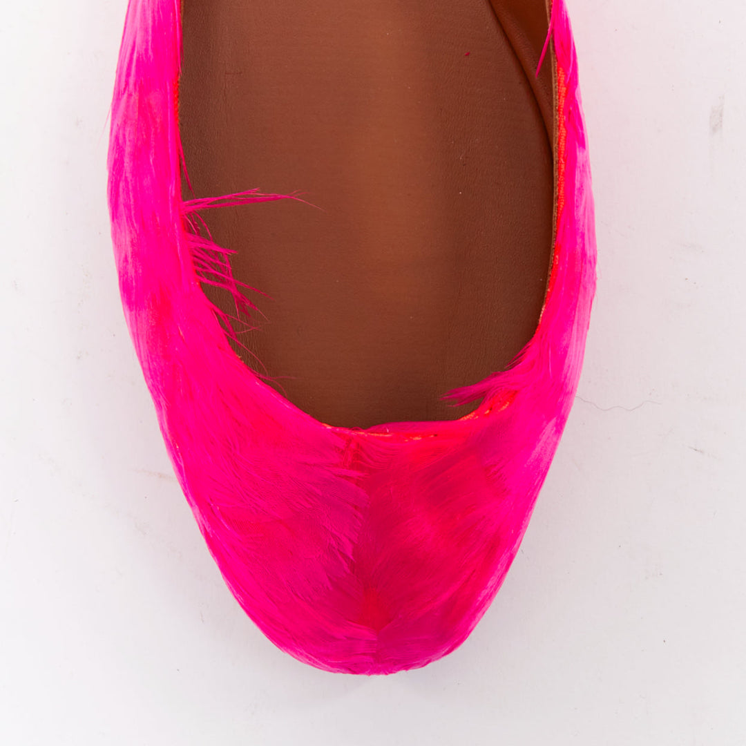 VALENTINO hot fuchsia pink turkey feather leather ankle strap flats EU37