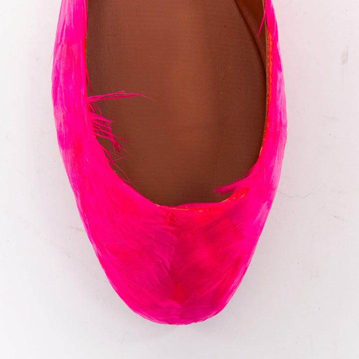 VALENTINO hot fuchsia pink turkey feather leather ankle strap flats EU37
