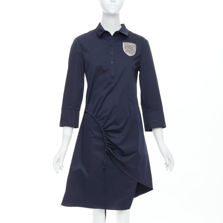 CHRISTIAN DIOR navy cotton beaded crest badge button down dress FR36 S