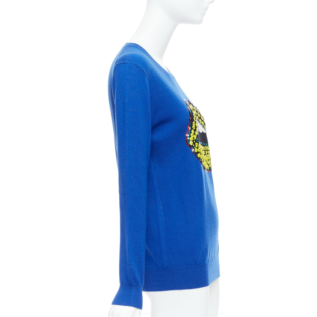 MARKUS LUPFER blue merino wool yellow sequin lip sweater S