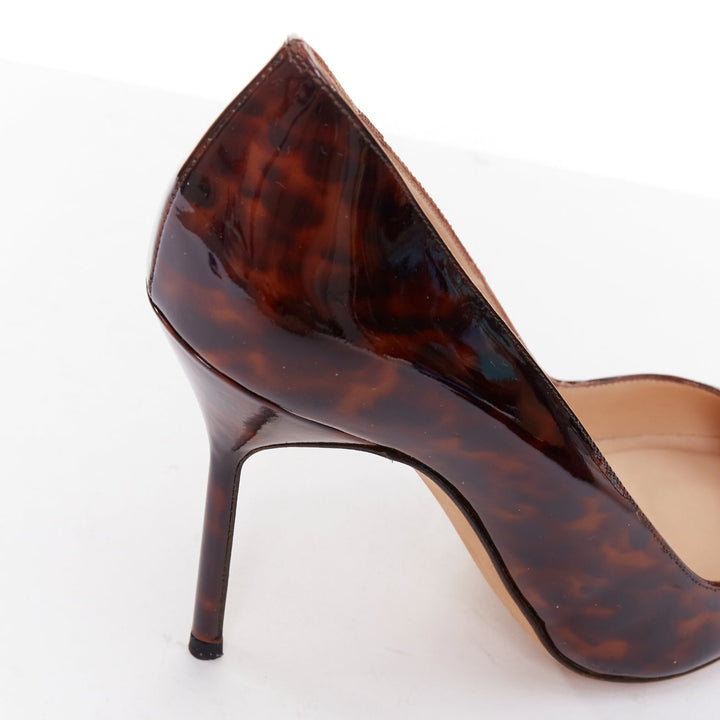 MANOLO BLAHNIK brown tortoise shell print patent stiletto pumps EU37.5