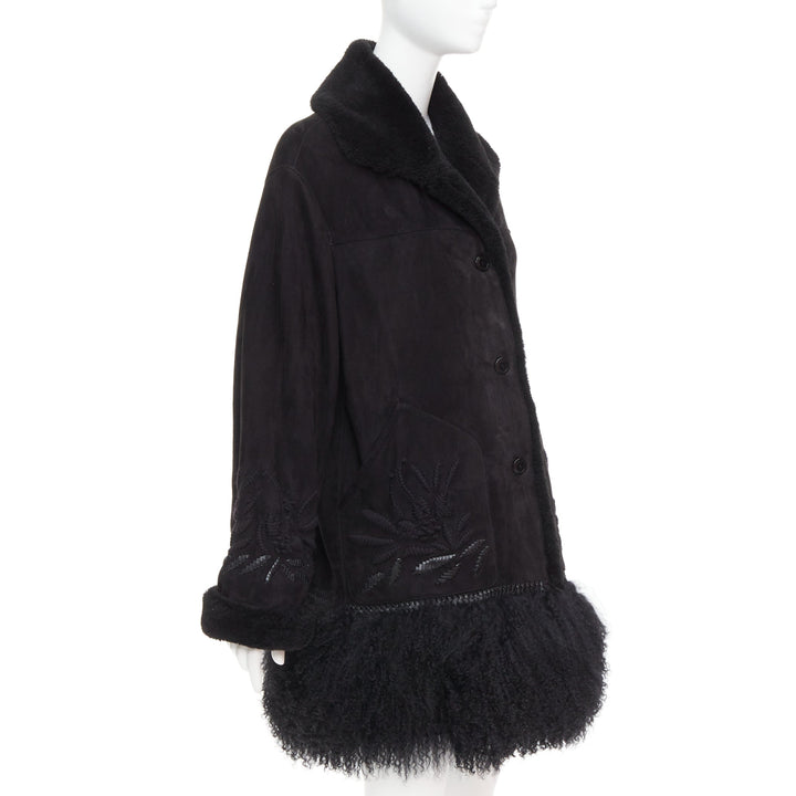 ERMANNO SCERVINO black multi sheep shearling leather embroidered coat IT40 S