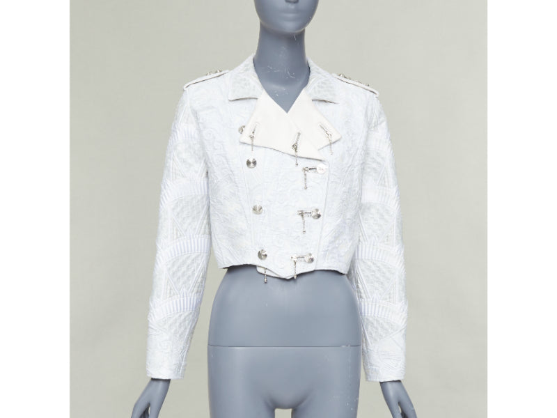 LOUIS VUITTON 2020 Runway ivory silver brocade military crop biker jacket FR36 S