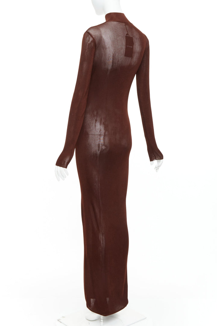 SAINT LAURENT 2023 Runway chocolate dark brown mock neck sheer knit maxi dress S