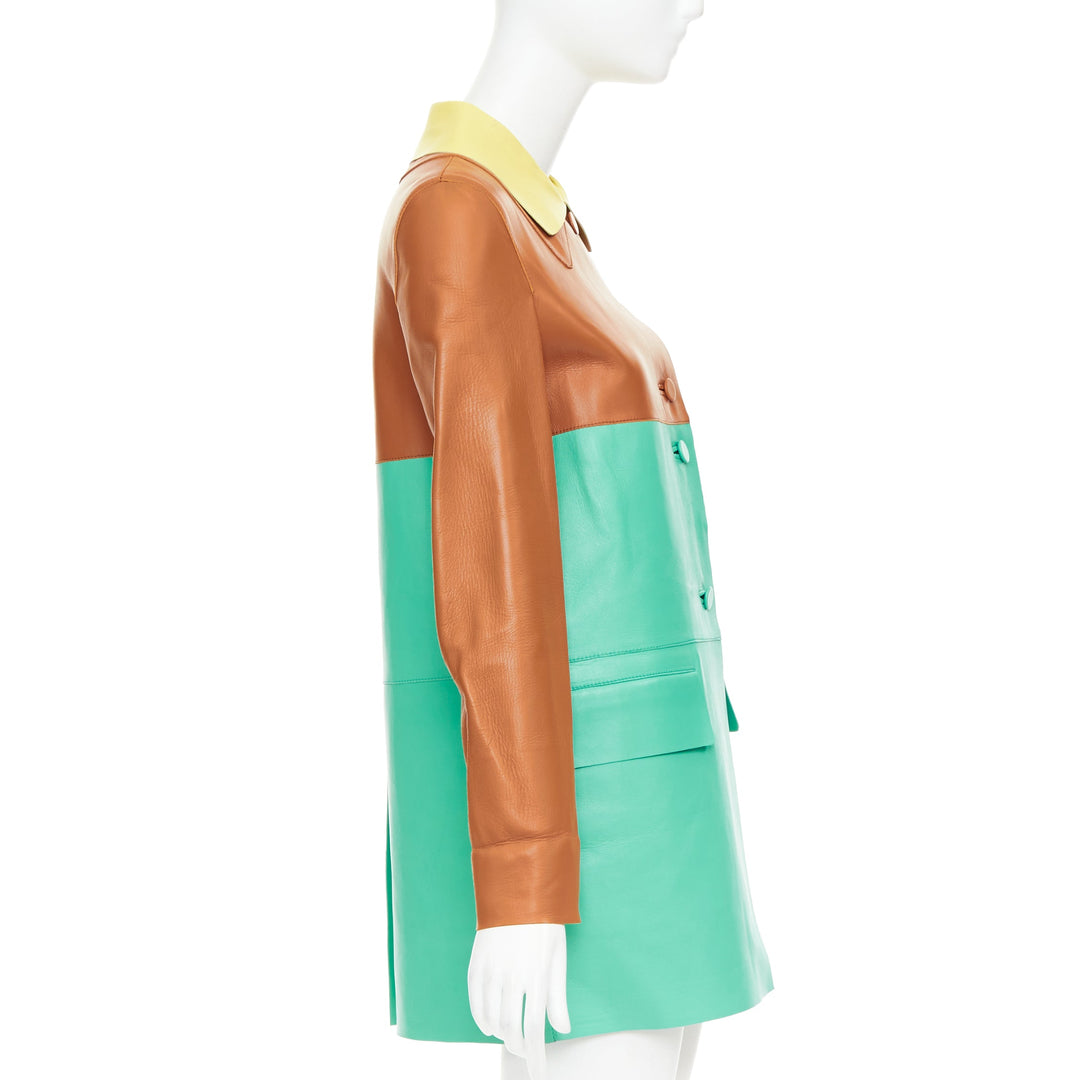 MARNI SS2015 yellow tan turquoise colorblocked lambskin leather coat IT38 XS