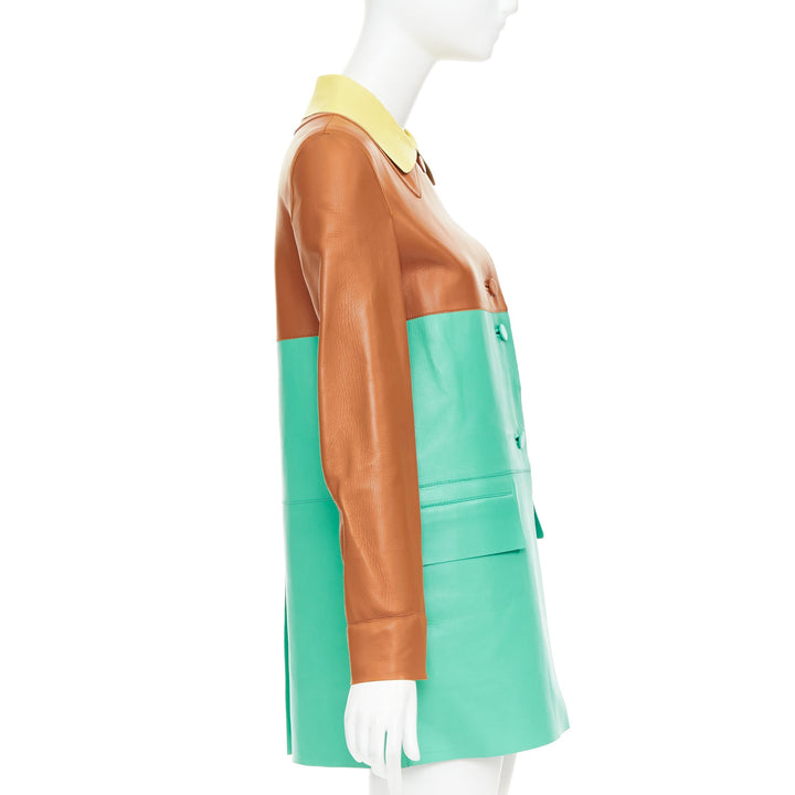 MARNI SS2015 yellow tan turquoise colorblocked lambskin leather coat IT38 XS