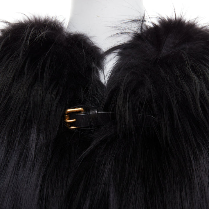 LOUIS VUITTON black fox fur leather belt heart lined cape shawl FR34 XS