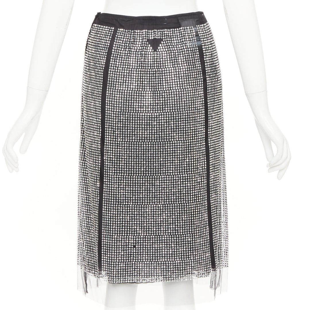 PRADA 2021 silver crystal black mesh triangle cut out lace trim skirt IT38 XS