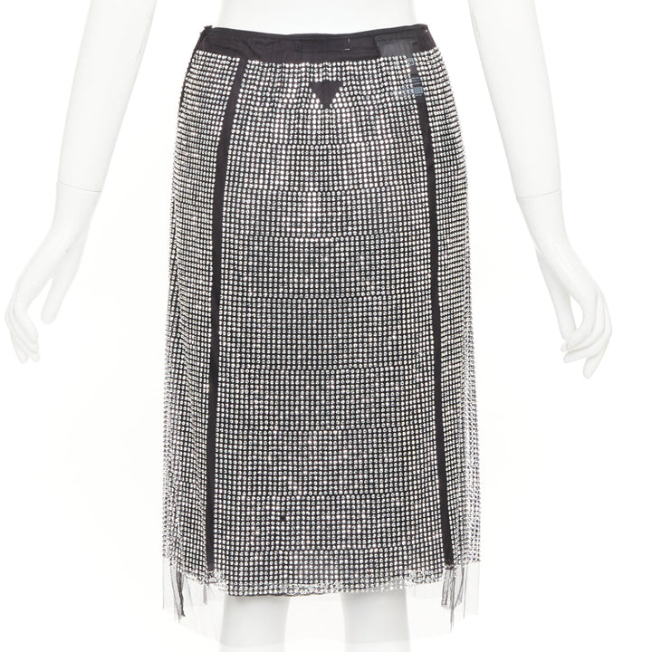 PRADA 2021 silver crystal black mesh triangle cut out lace trim skirt IT38 XS