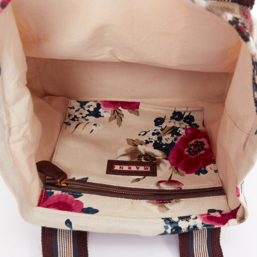 MARNI cream canvas pink floral print brown web trim casual tote bag