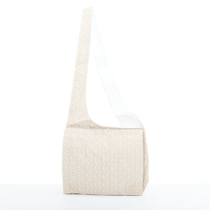 CELINE Vintage beige fabric Triomphe monogram white leather crossbody bag
