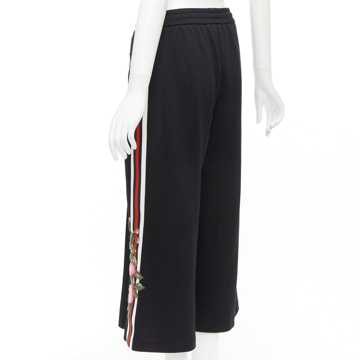 GUCCI black webbing floral patch zip pocket wide leg joggers