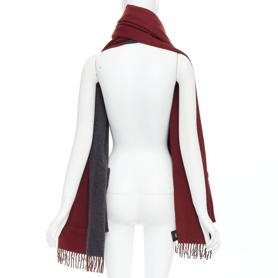 FENDI  100% cashmere burgundy grey bicolor pocket fringed long scarf