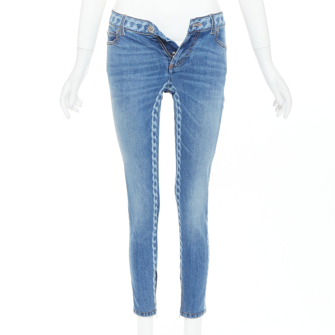 CHANEL 2019 blue cotton chain print side skinny stretch denim crop jeans FR34 XS