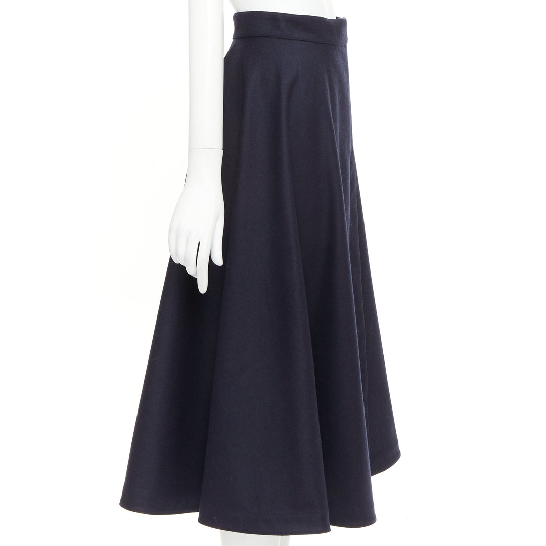 CELINE navy wool felt gold crest button wrap high waist midi skirt FR36 S