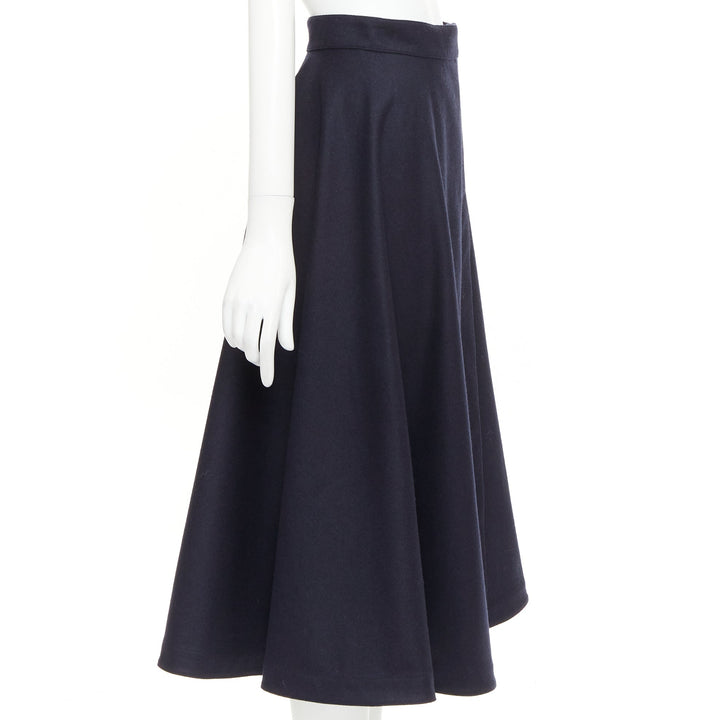 CELINE navy wool felt gold crest button wrap high waist midi skirt FR36 S