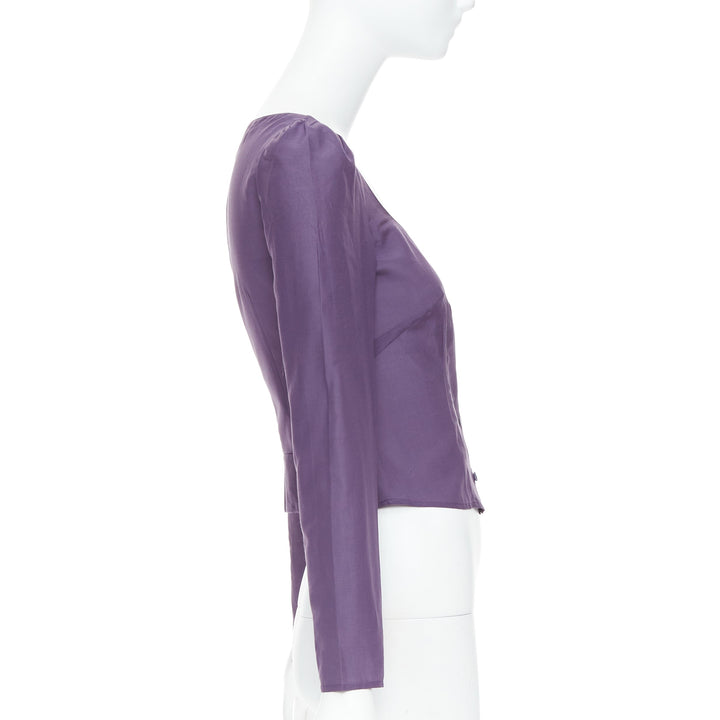 PRADA Vintage 90s purple 100% silk scoop neck ruched sleeves shirt IT38 XS