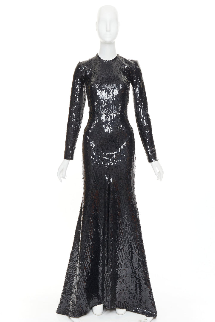 ALEXANDRE VAUTHIER black sequins long sleeve open back fishtail gown dress